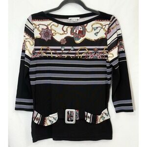 Feratelli Art to Wear Pullover Stripe Faux Belt Black Shirt Blouse Womens Size S